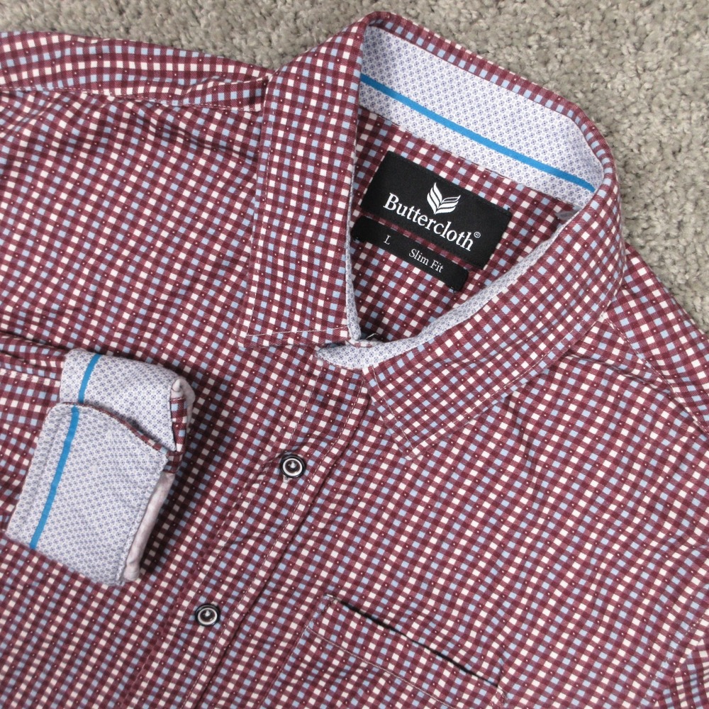 Buttercloth Shirt Mens Large Red Geometric Slim Fit Flip Cuff Stretch Button Up